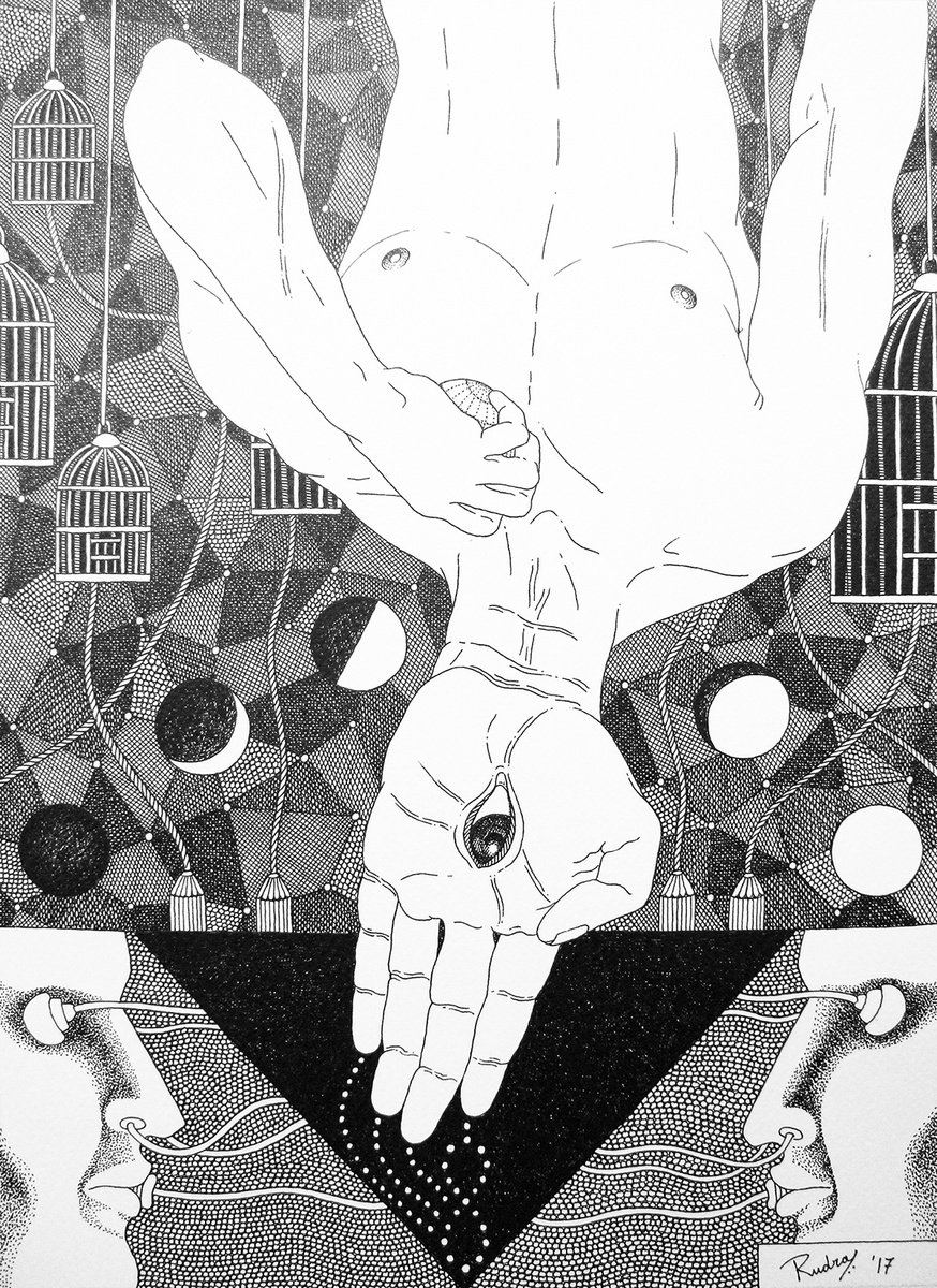 Surrealistic Portrait Ink Drawing By Rudra Kishore Mandal, 12 X 16", Panchamahabhoota 5 - Vyom, Original Artwork