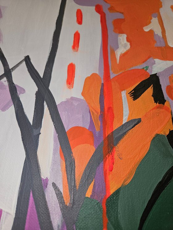 After the rain #3, orange pink black painting