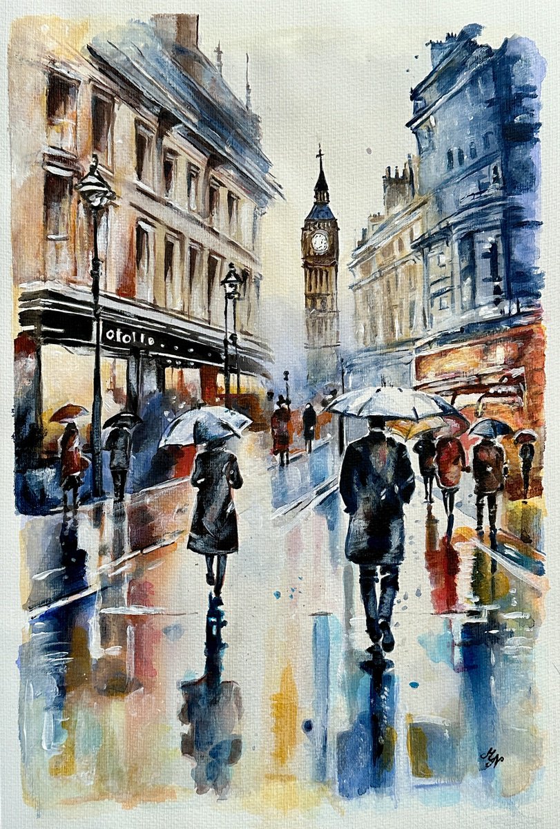 Impressionistic Cityscapes Watercolour By Misty Lady - M. Nierobisz, 13 X 19", Walking Around London, Original Artwork