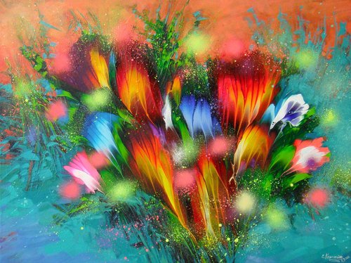 "Emerald Bouquet of Happiness" Abstract Painting 60 x 80cm by Irini Karpikioti