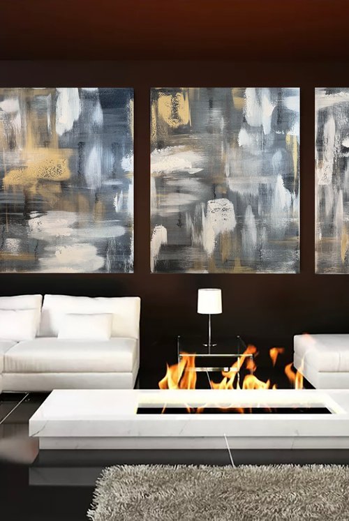 100x240cm  Black gray abstract painting. Mother-of-pearl luxury 3 set by Marina Skromova