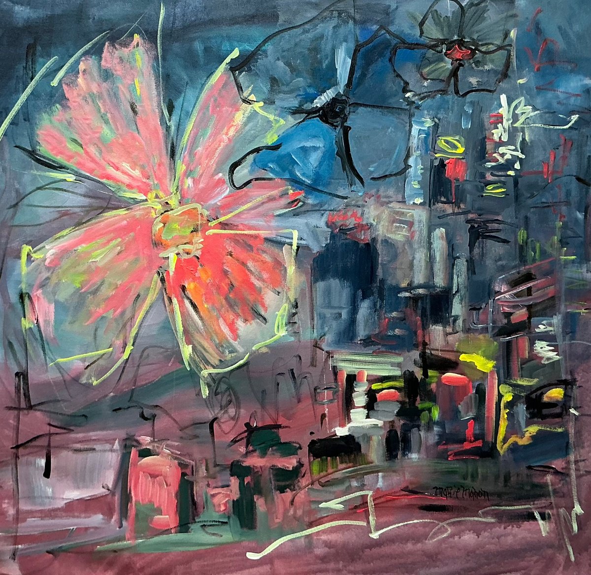 Impressionistic Cityscapes Acrylic Painting By Marie Manon, 36 X 36", The Hearth Strikes Back, Original Artwork