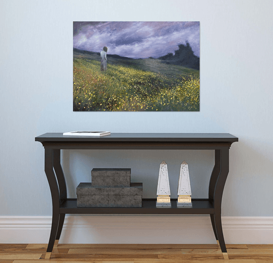 'Figure in a Landscape with Spring Flowers' Impressionistic, Surreal, Figurative Large Oil Painting
