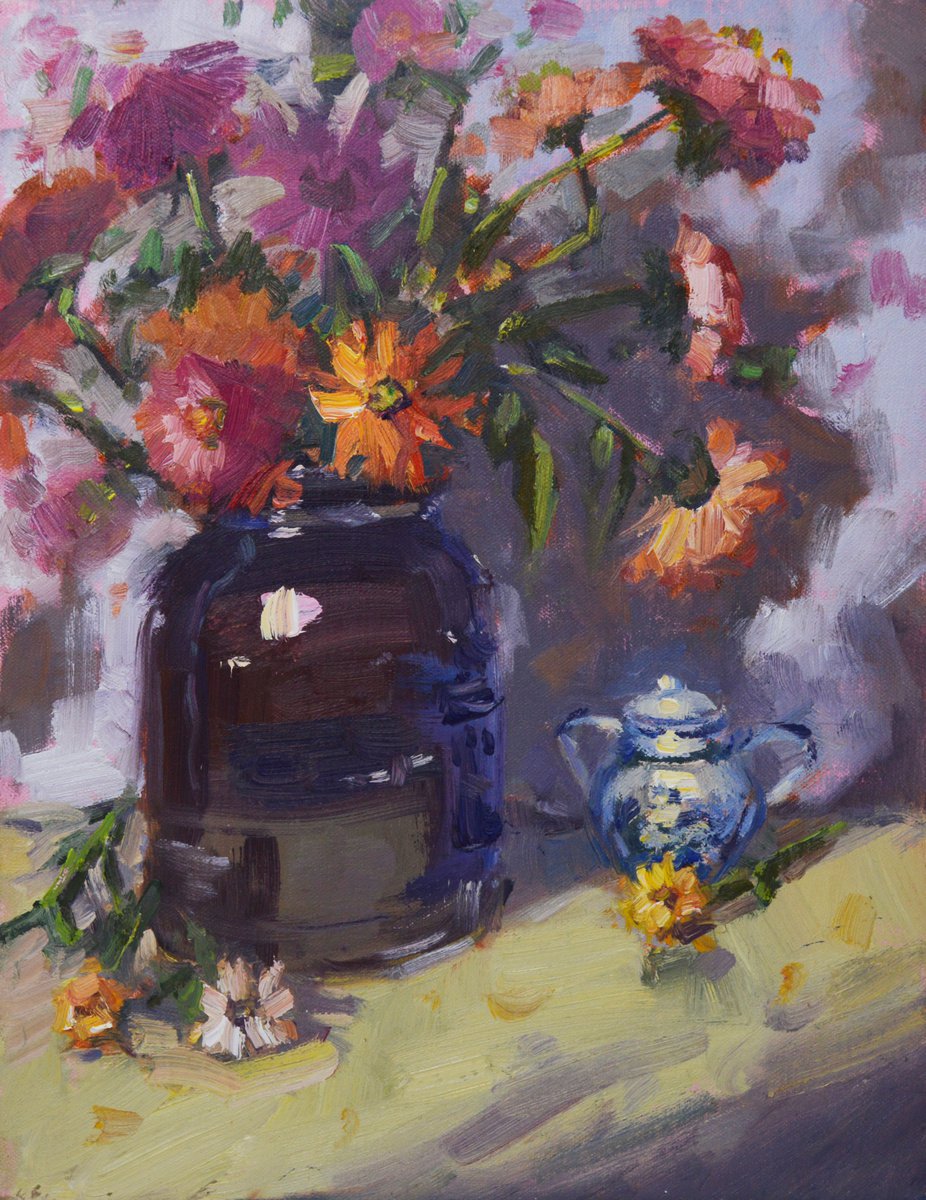 Impressionistic Botanical Oil Painting By Kristina Sellers, 11 X 14", Brown Jug, Original Artwork