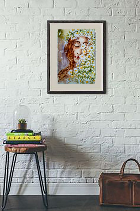 Flower Head Painting Woman Original Art Daisy Watercolor Chamomile Artwork Floral Wall Art 10 by 14 inches