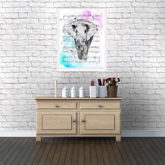Elephant, watercolor on sheet music