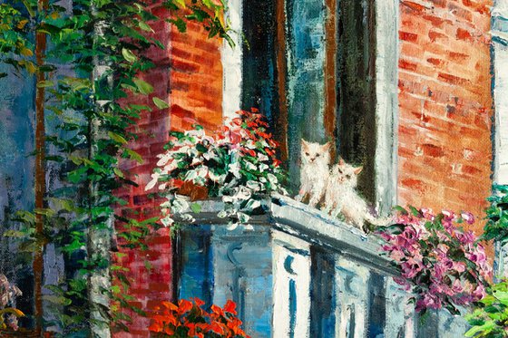 "Cats in the city" old town , cityscape, balcony flower