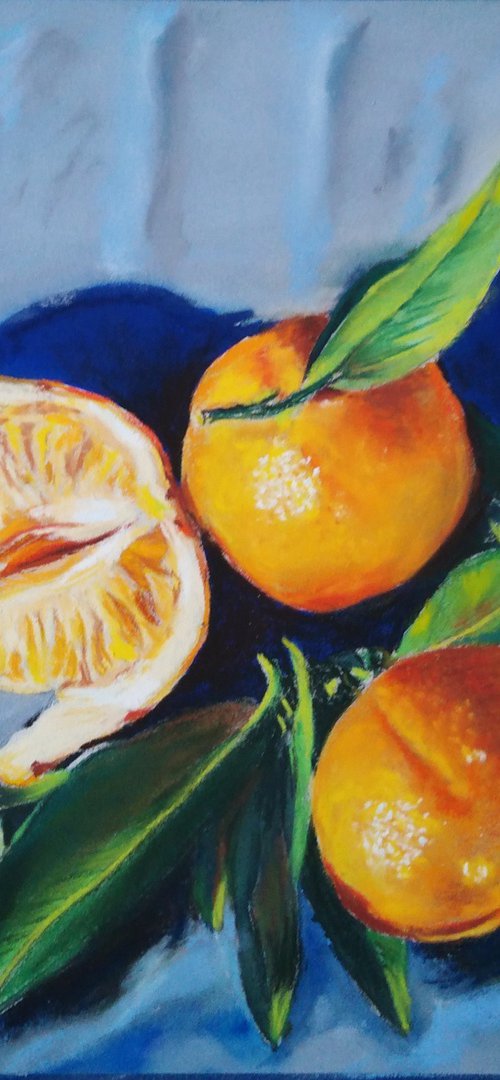 Three tangerines on blue by Liubov Samoilova