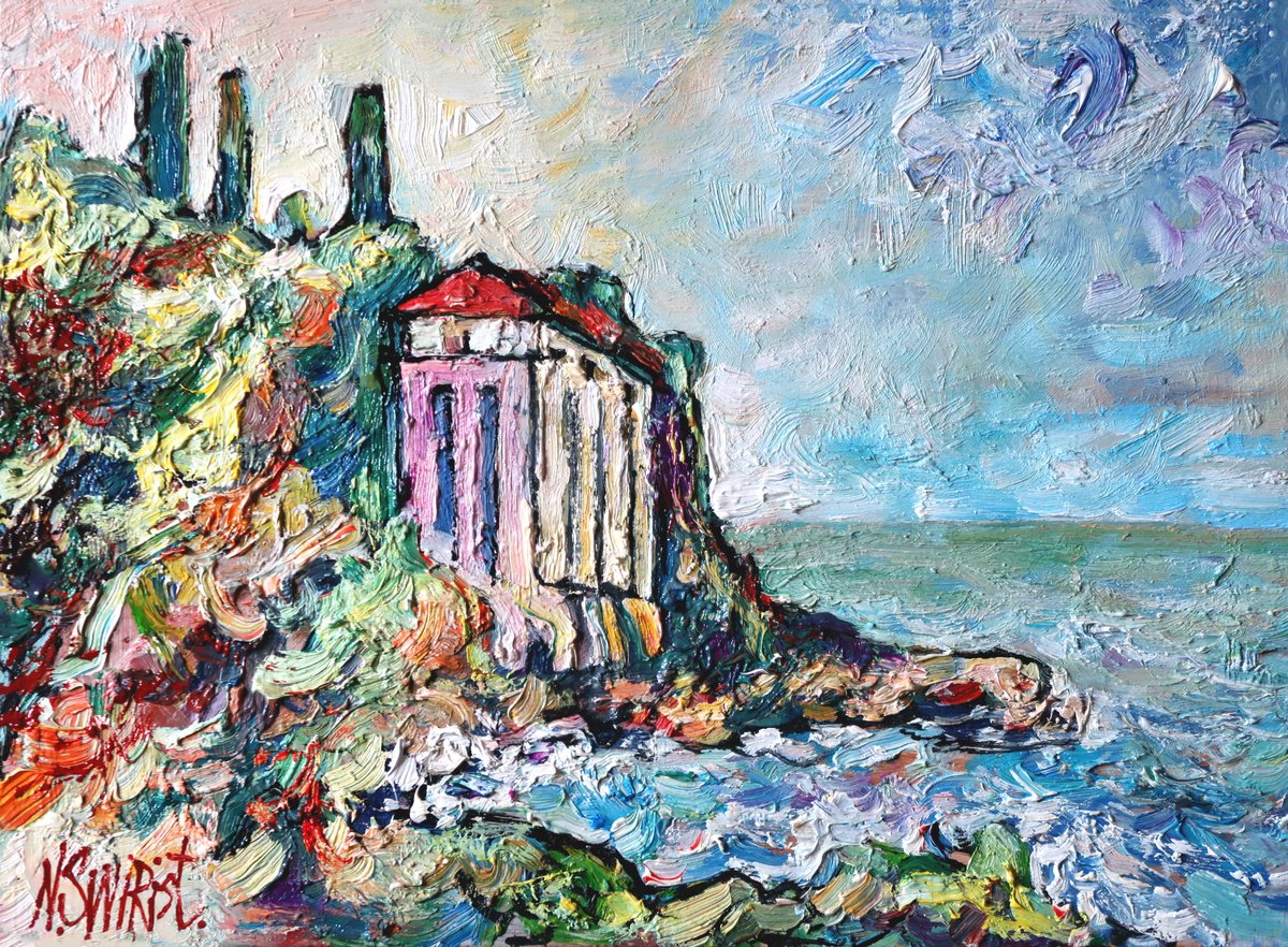 Impressionistic Landscape Oil Painting By Nikifor Swiristuhin, 12 X 9", The Sea At Cap Martin., Original Artwork
