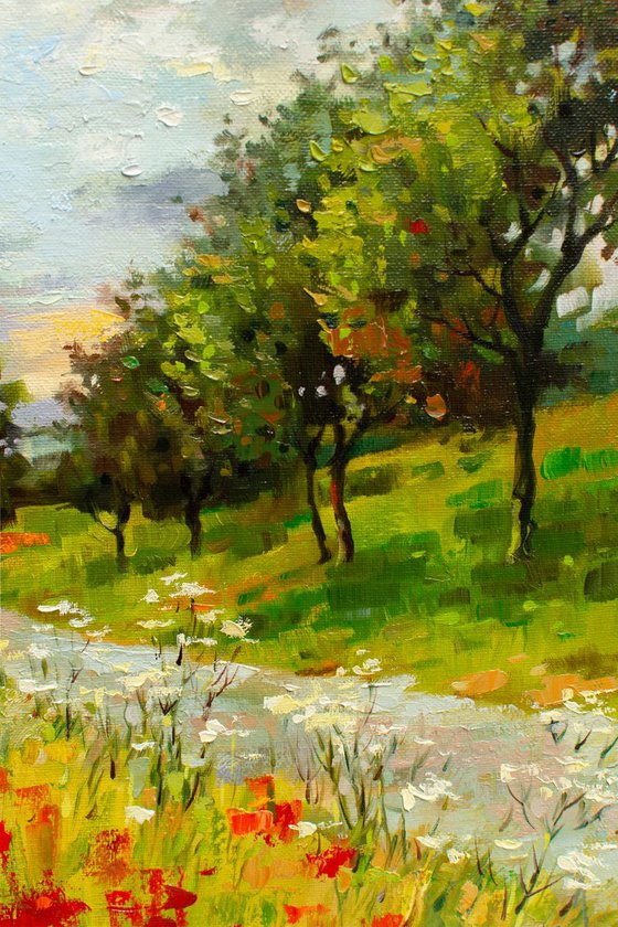 POPPY FIELDS (Modern Impressionistic Landscape Oil Painting, Gift for nature lovers)