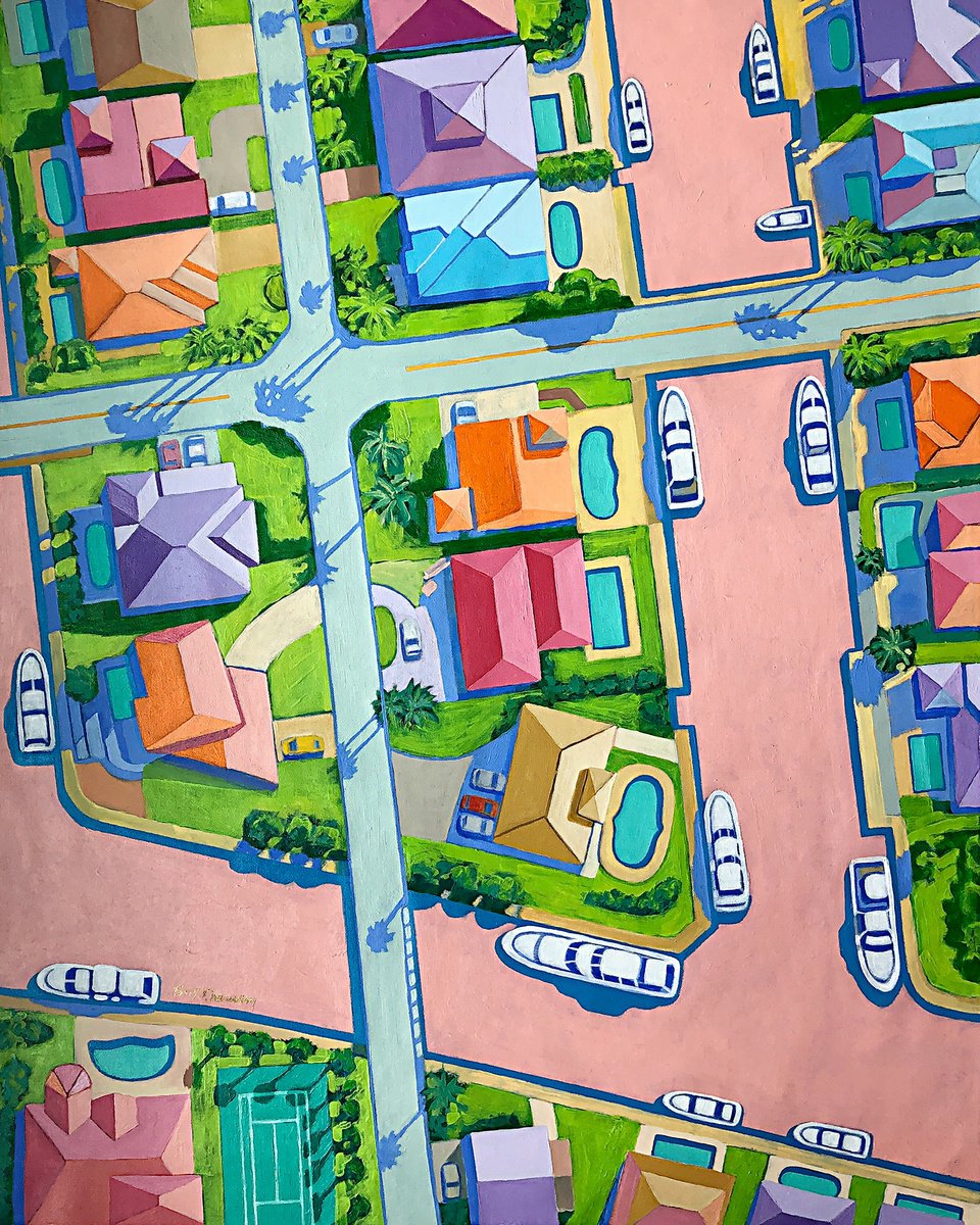 Urban And Pop Landscape Acrylic Painting By Tony Khawam, 33 X 43", Venice Isles, Original Artwork