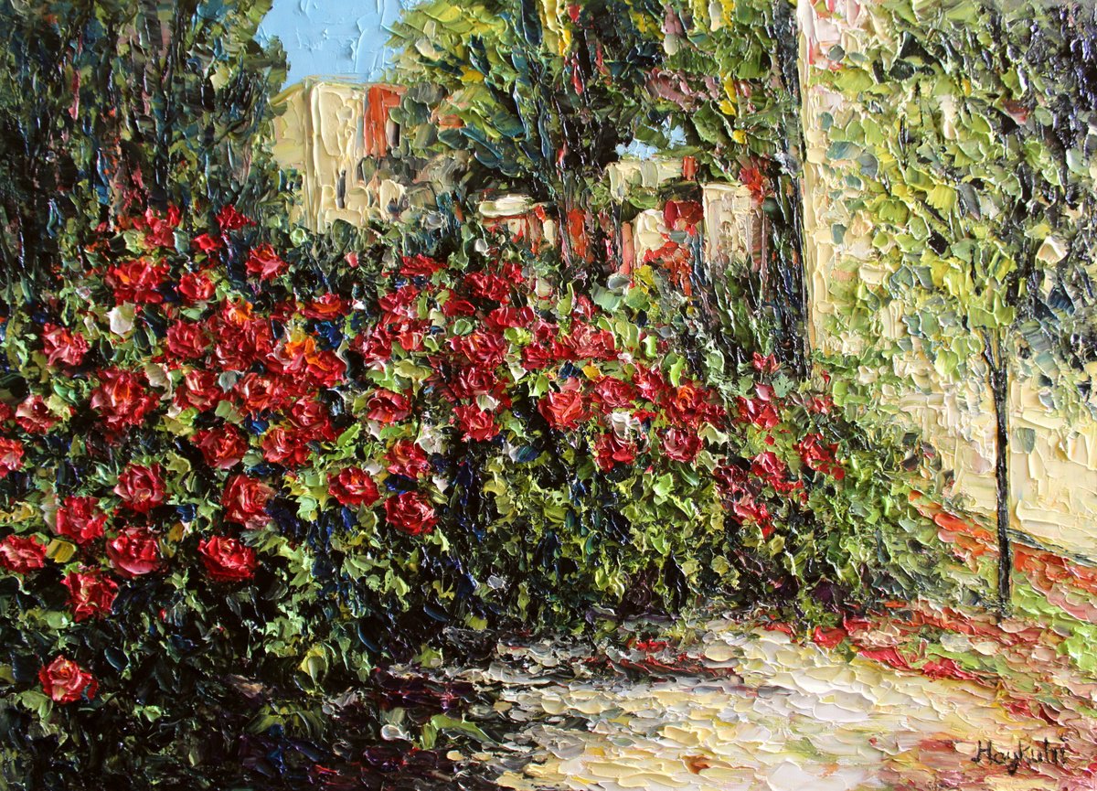 Impressionistic Landscape Oil Painting By Haykuhi Khachatryan, 28 X 20, The Yard, Original Artwork