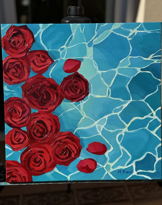 Crimson petals.Blue silence
