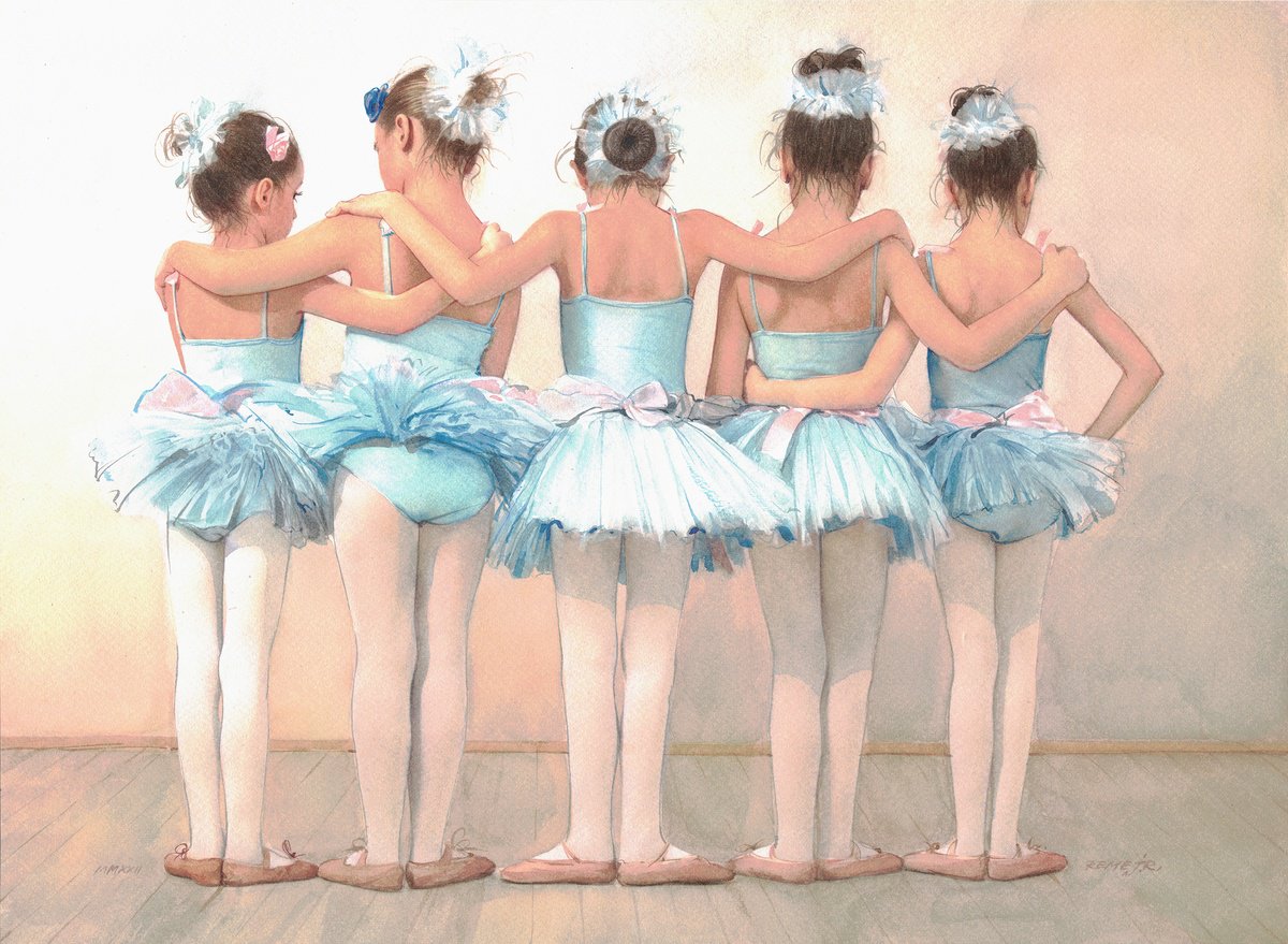 Photorealistic Portrait Watercolour By Reme Jr., 19 X 14", Cute Ballet Dancers, Original Artwork