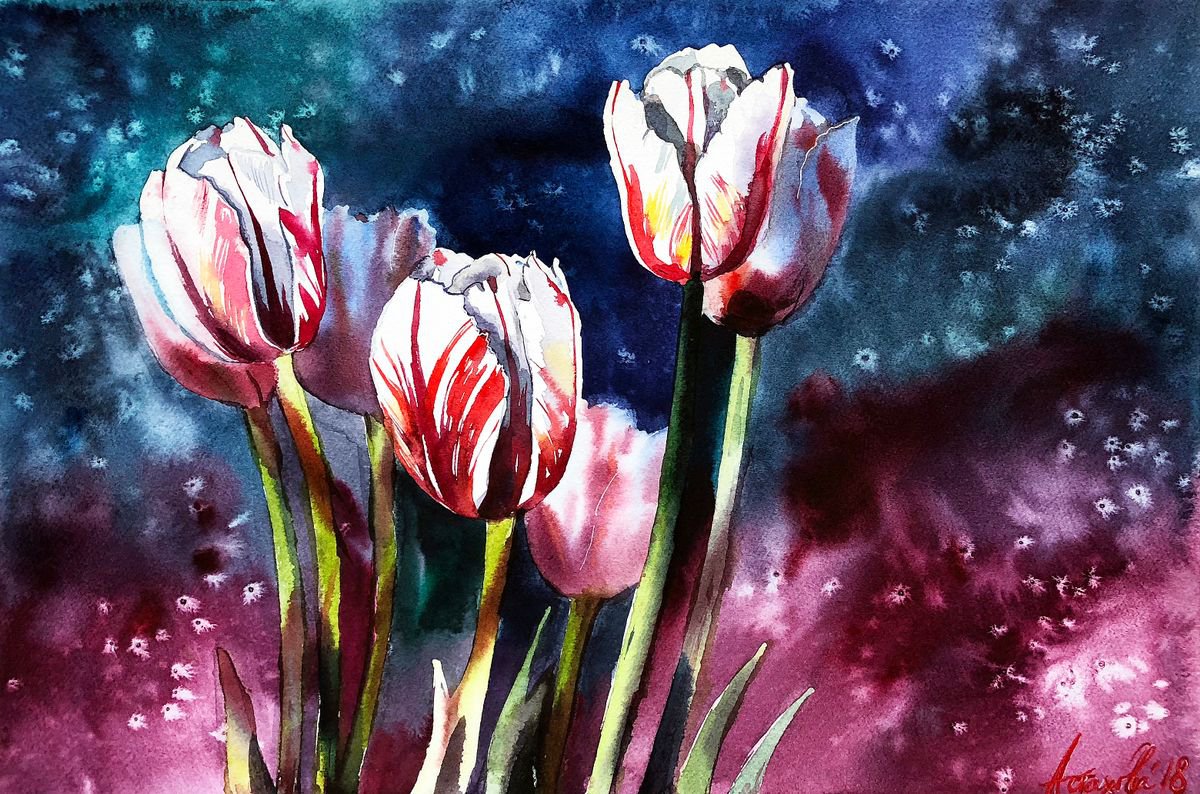 Impressionistic Botanical Watercolour By Ksenia Astakhova, 18 X 12", Tulips From Morges, Original Artwork
