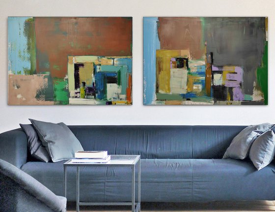 Oil painting, canvas art, stretched, diptych "Layer city 46"". Size 2x (39.4 x 27.5 inches), 2x (70/100 cm).