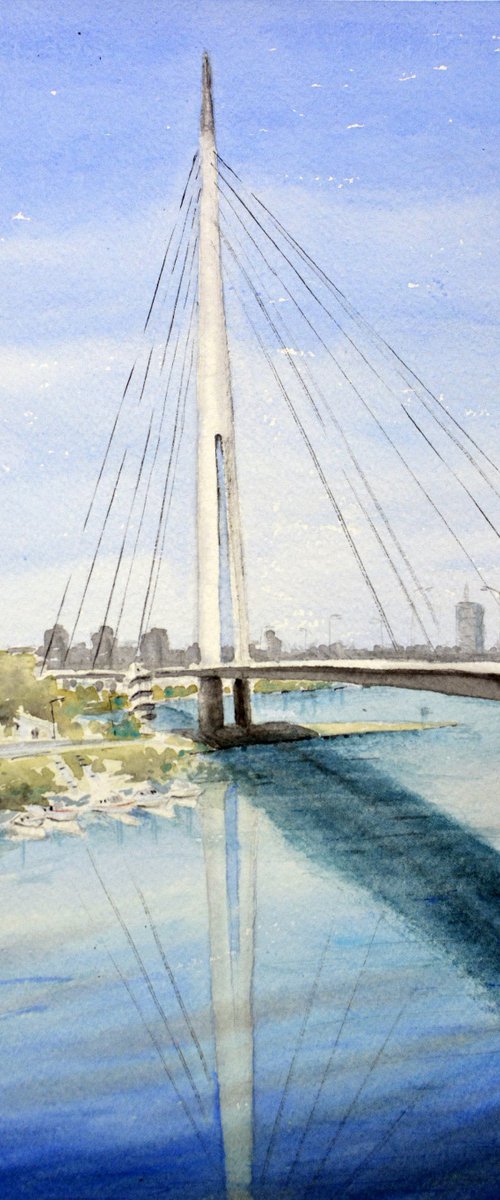 Most preko Ade Ciganlije Beograd 17x36 cm 2017 by Nenad Kojić watercolorist