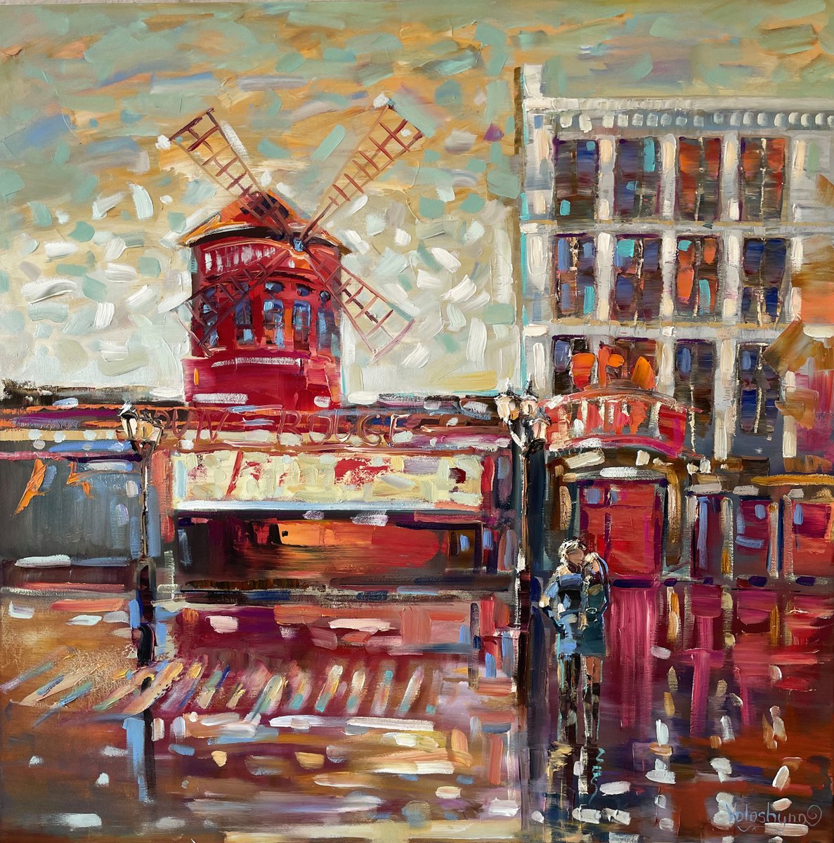 Impressionistic Cityscapes Oil Painting By Mary Voloshyna, 28 X 28", Moulin Rouge For Two. Original Oil Painting, Artfinder