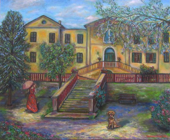 A Walk in a Shady Italian Garden of a Victorian Lady with a Dog Pet Impressionism Monet Classical Scene House Park Trees Garden Original Oil Art Bench Umbrella Villa Stairs