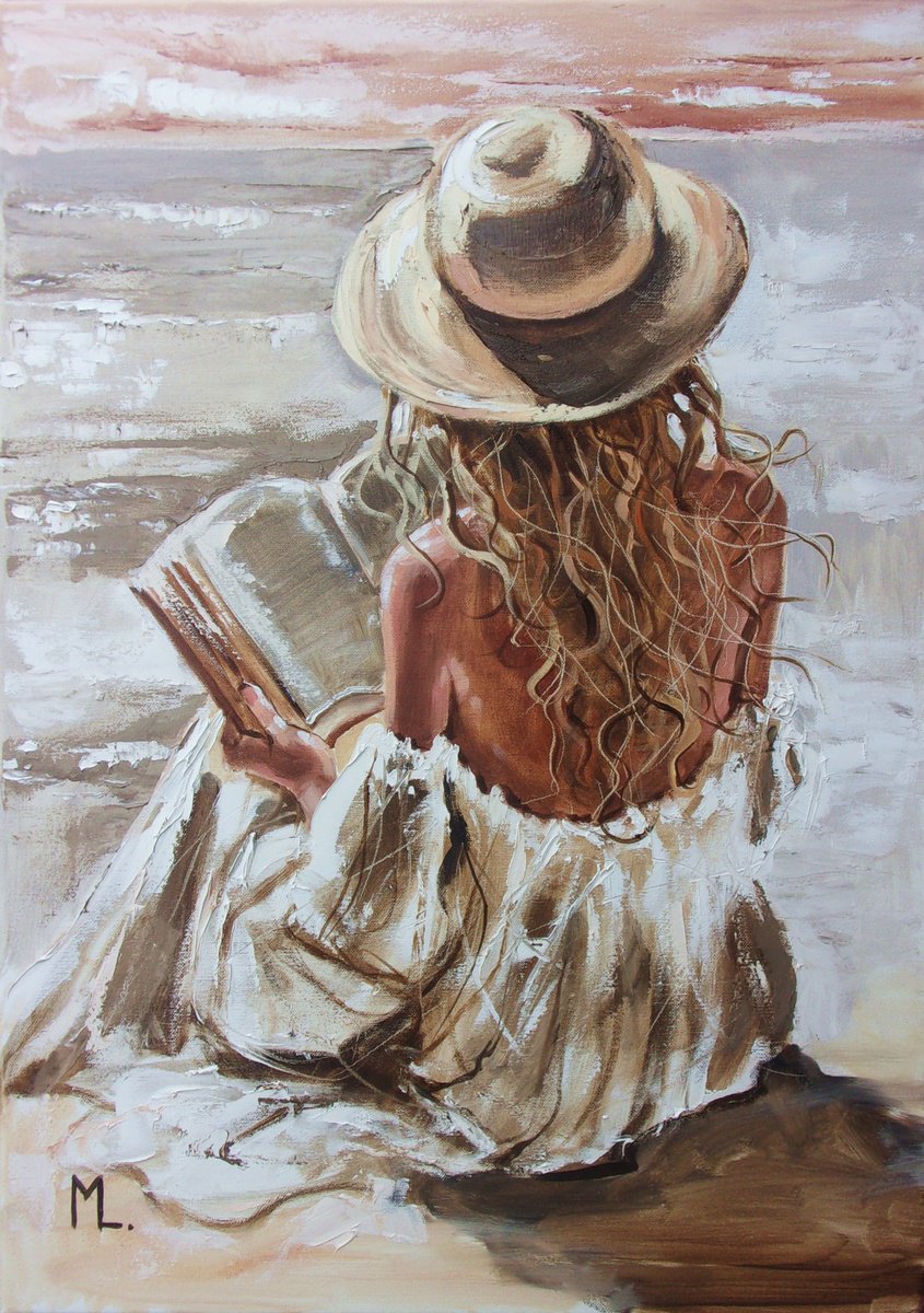 Expressive Portrait Oil Painting By Monika Luniak, 20 X 28", " Good Story On Beach With Book ", Original Artwork