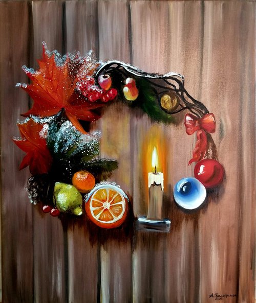 Christmas Wreath. Christmas Gift. New Year Gift. Original Oil Painting on Canvas. Gift for Couple. Perfect Gift. 20" х 24" (51 х 61 cm) 2022. by Alexandra Tomorskaya/Caramel Art Gallery