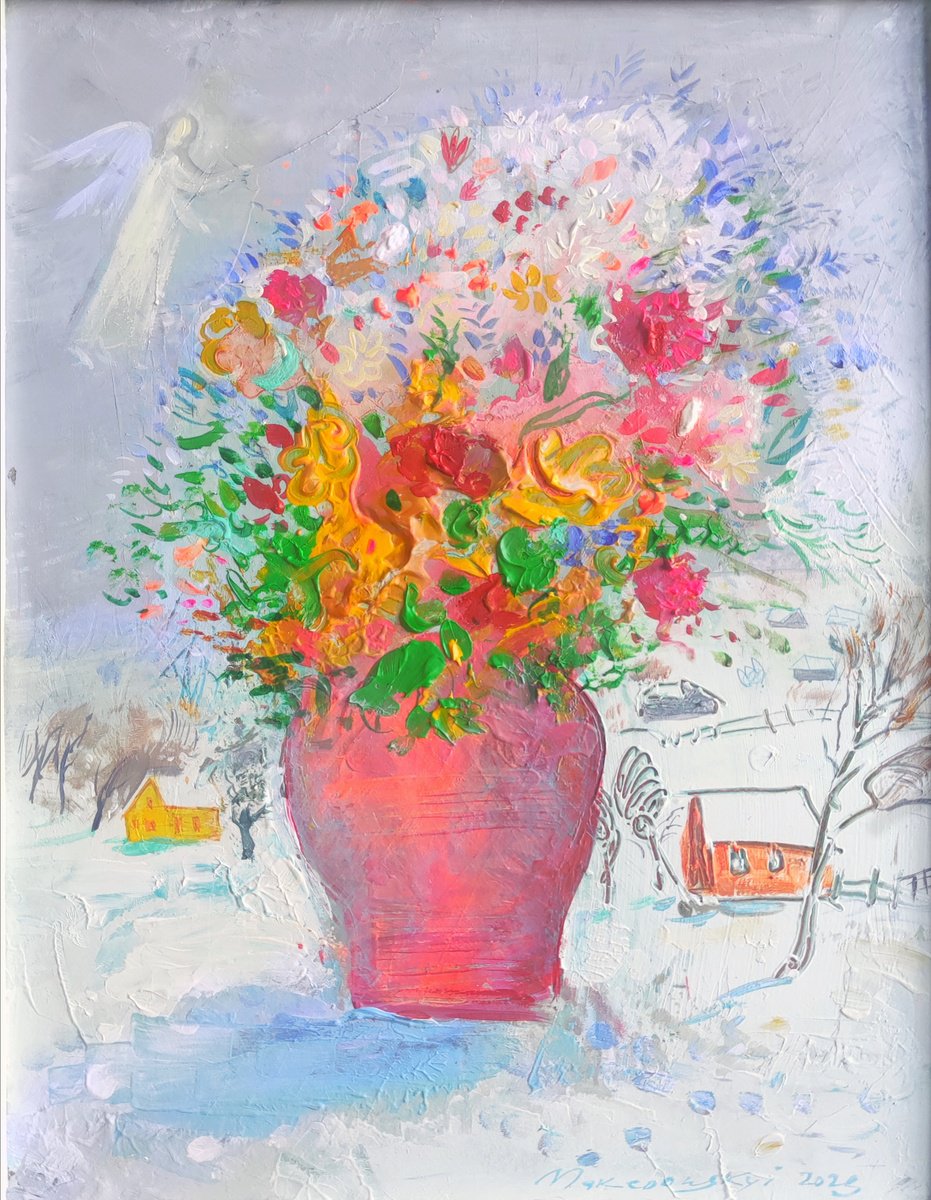 Impressionistic Botanical Acrylic Painting By Pavlo Makedonskyi, 13 X 17", Holiday Flowers, Original Artwork