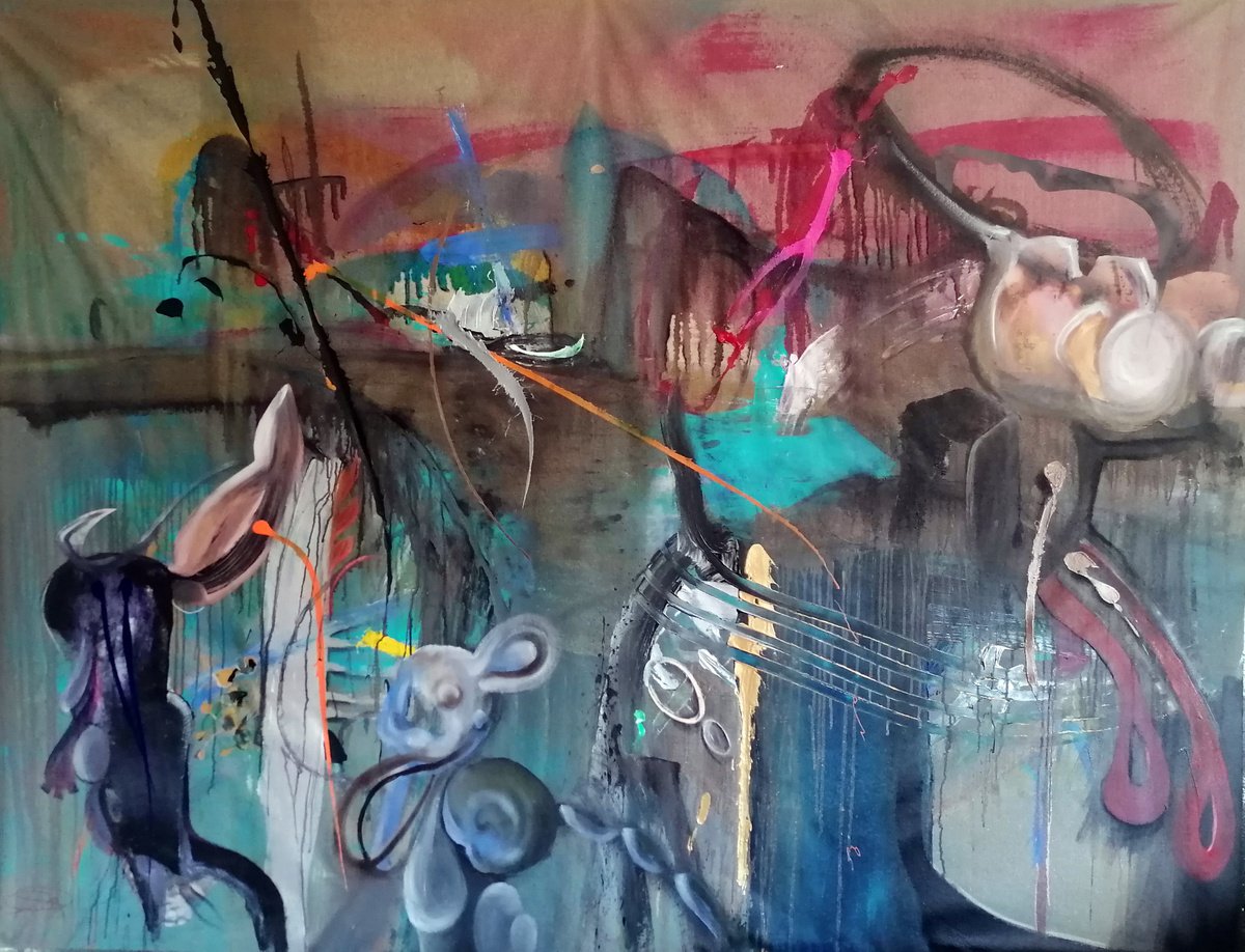 Surrealistic Abstract Acrylic Painting By Stefano Mazzolini, 83 X 63", Donbass, Original Artwork