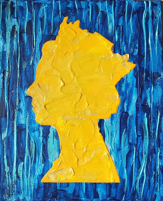 Queen #55 on ultramarine turquoise raining metallic  background , GOLD, YELLOW  NAVY BLUE  inspired by Queen Elizabeth II