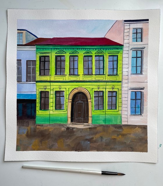 Green House Gouache Painting, Bratislava Original Artwork, Europe City Art, Slovak Wall Art, Gift for Traveller