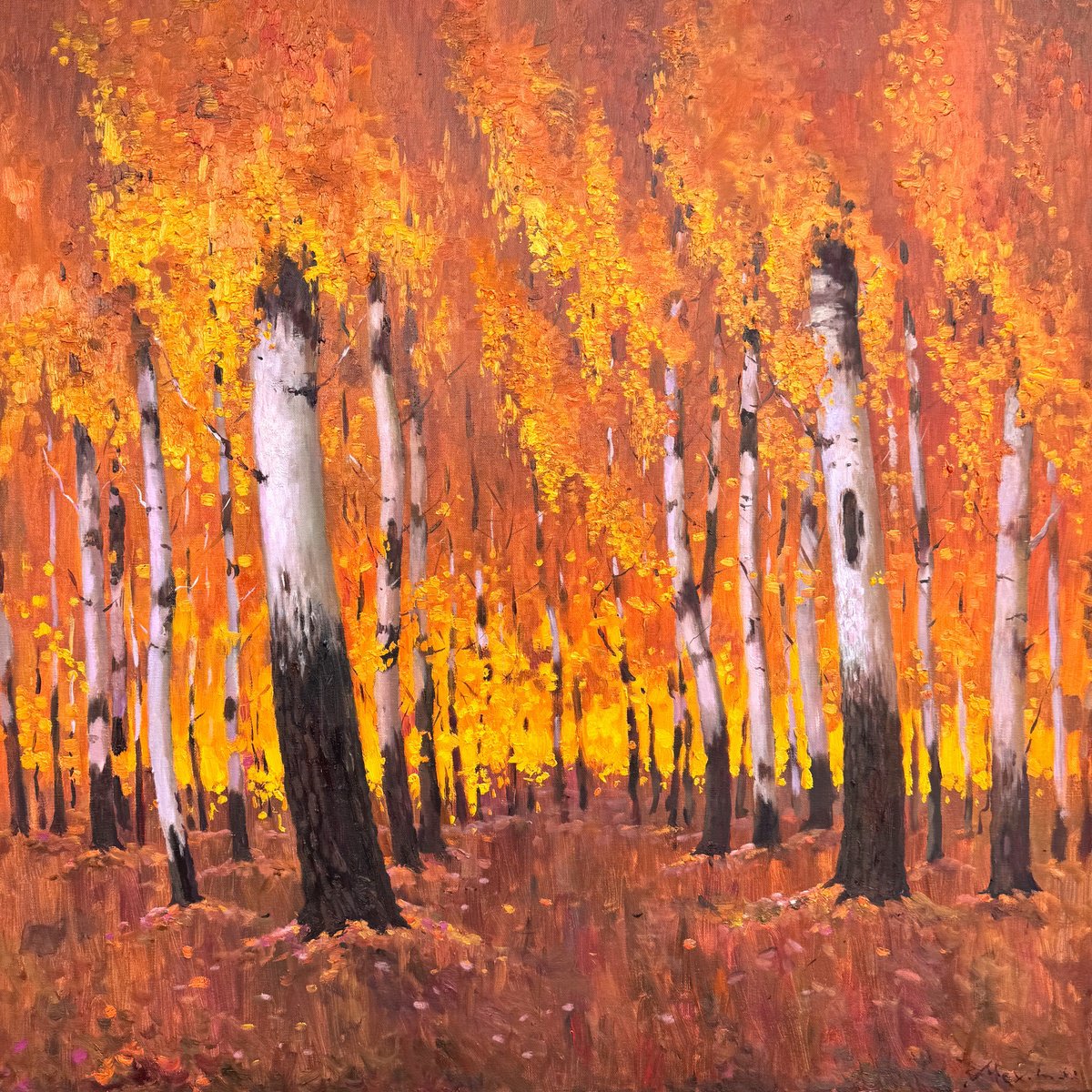 Impressionistic Botanical Oil Painting By Evgeniia Mekhova, 31 X 31, Autumn Birch Forest, Original Artwork