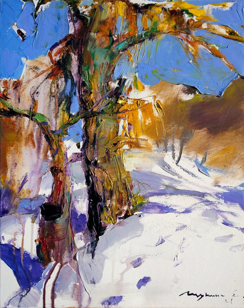 Expressive Landscape Oil Painting By Helen Shukina, 16 X 20, Sunny Winter Landscape, Original Artwork