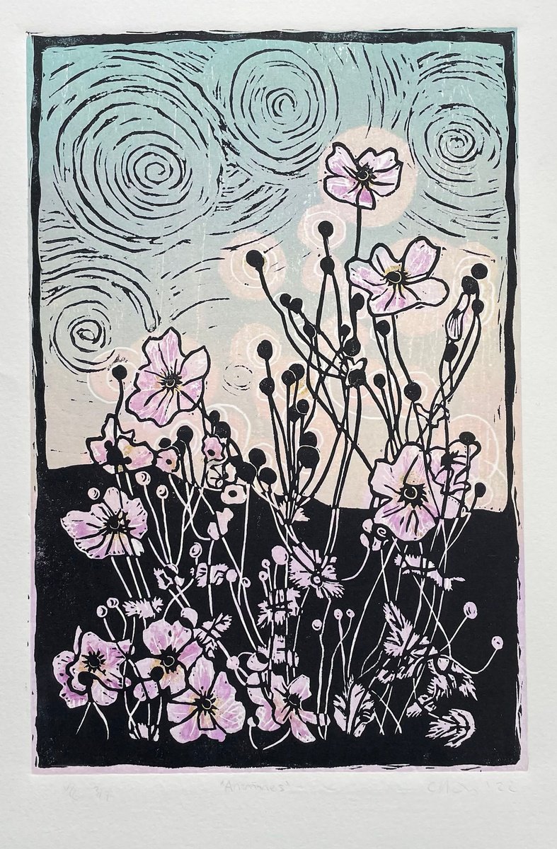 Impressionistic Botanical Linocut By C Staunton, 7 X 9, Anemones - Linocut, Original Artwork