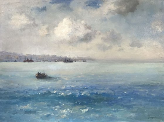 Cloudy Day, Seascape, Original oil Painting, Handmade artwork, Museum Quality, Signed, One of a Kind