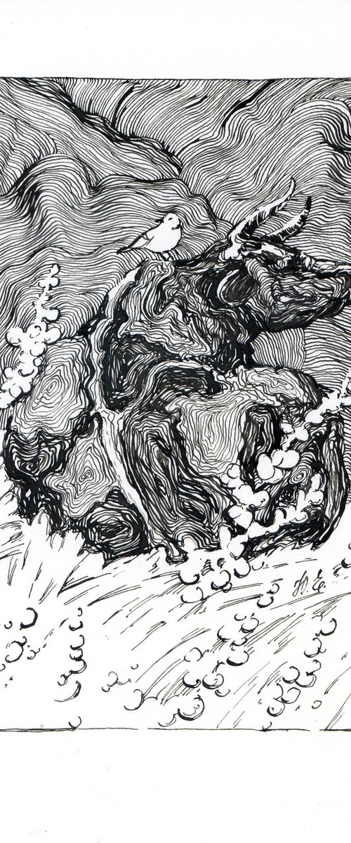 Dreamy cow and little bird, ink drawing of animals by Yulia Evsyukova