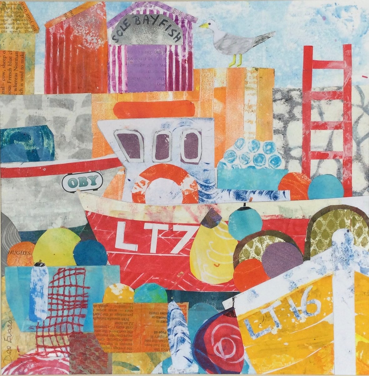 Abstract Collage By Dee Evans, 16 X 16, Sole Bay Fish, Original Artwork