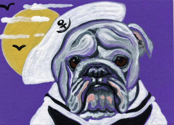 ACEO ATC Original Miniature Painting Halloween White English Bulldog Sailor  Dog Art-Carla Smale