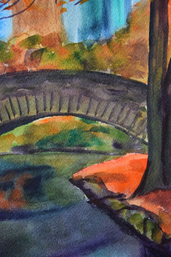 Fall New York Central Park ORIGINAL watercolor painting, autumn forest, romantic gift