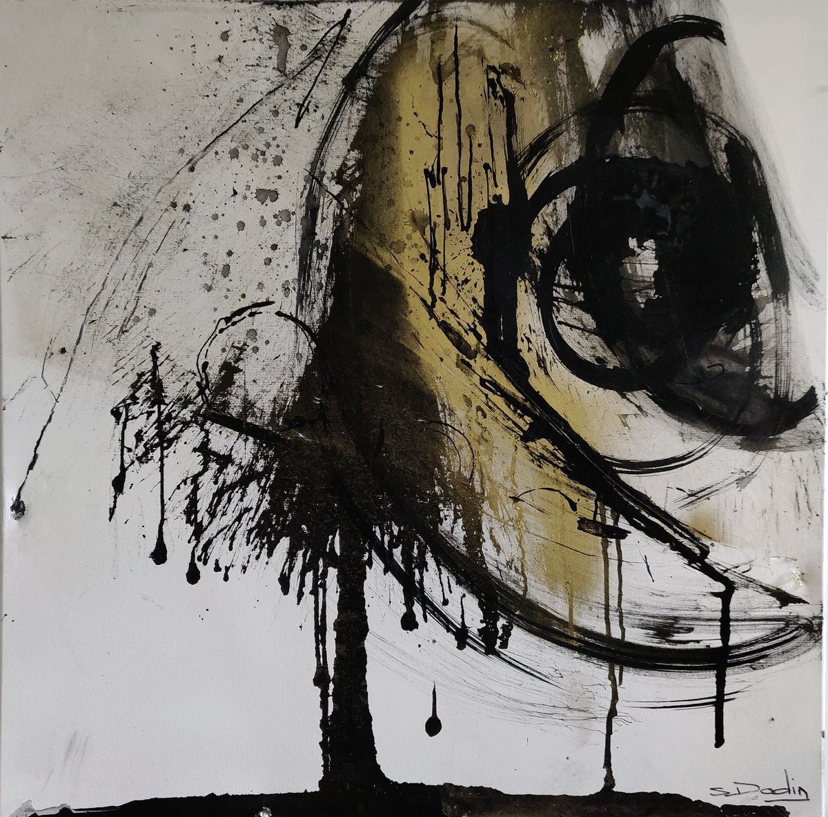 Abstract Acrylic Painting By Sylvie Dodin, 39 X 39", Man On On A Morning Sun, Original Artwork