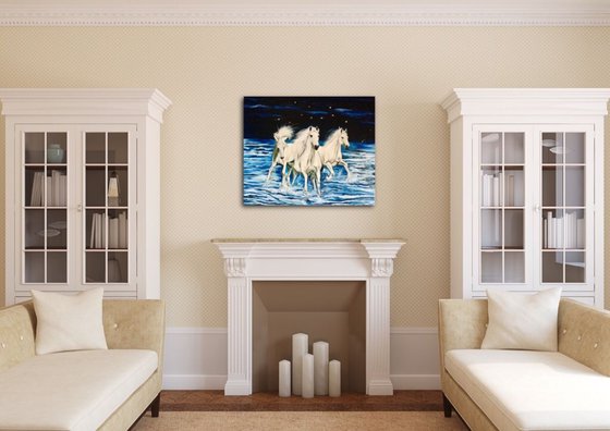 White horses running on the waves. Starry night.