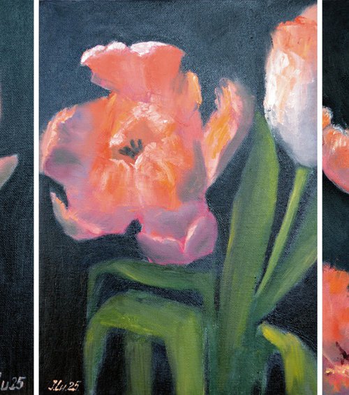 Coral Tulips Triptych by Elena Lukina