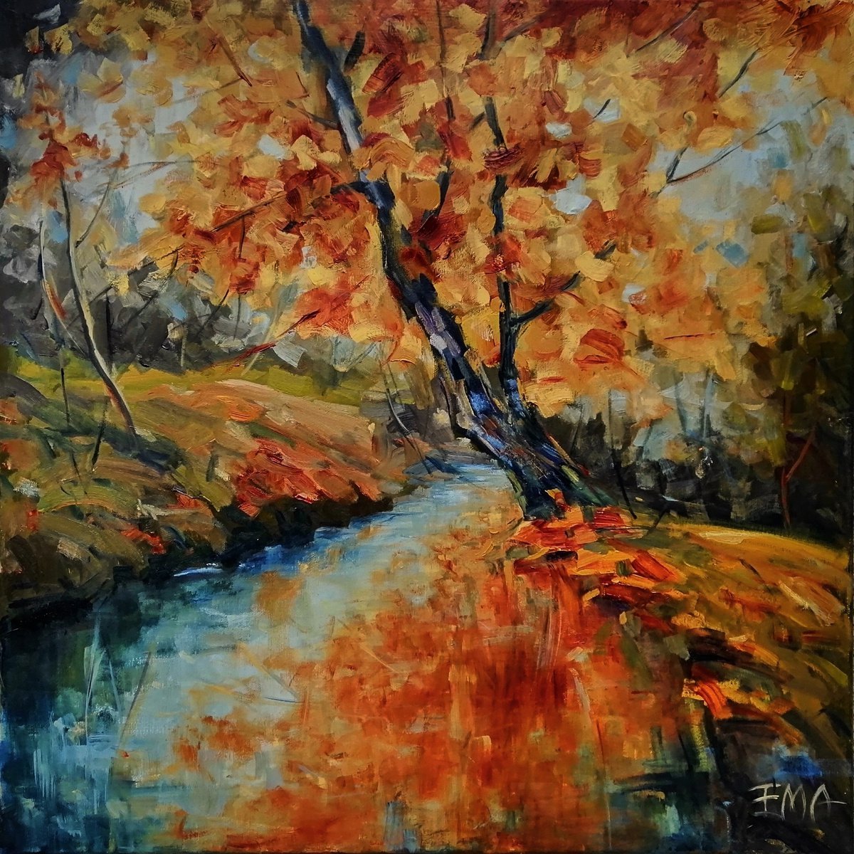 THE RIVER KEEPER, 60x60cm, autumn trees landscape by Emilia Milcheva