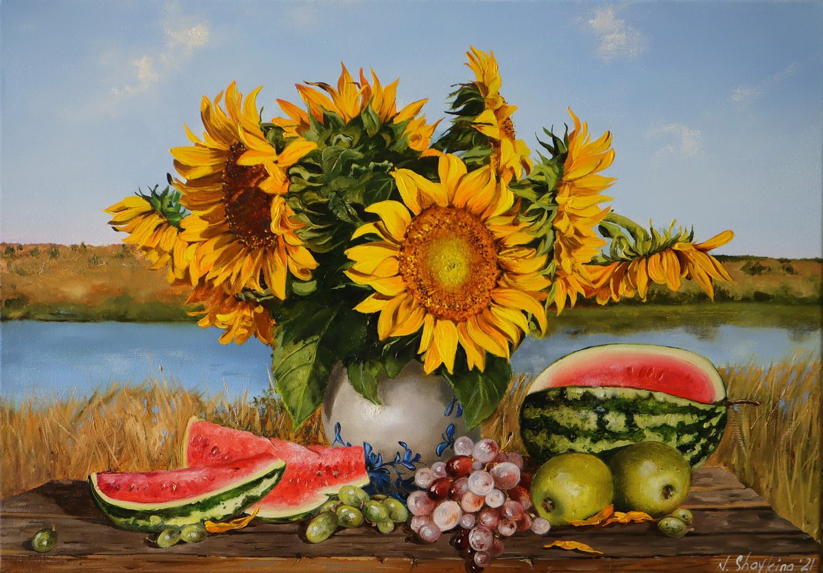 Impressionistic Botanical Oil Painting By Natalia Shaykina, 24 X 16", Sunflowers, Original Artwork