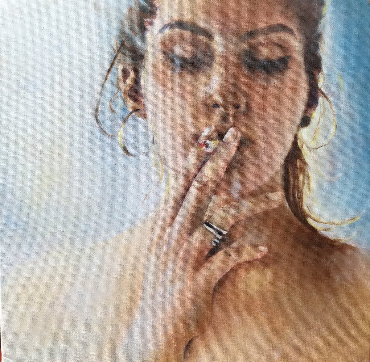 Photorealistic Portrait Oil Painting By Veronica Ciccarese, 12 X 12", Smoke In The Eyes, Original Artwork