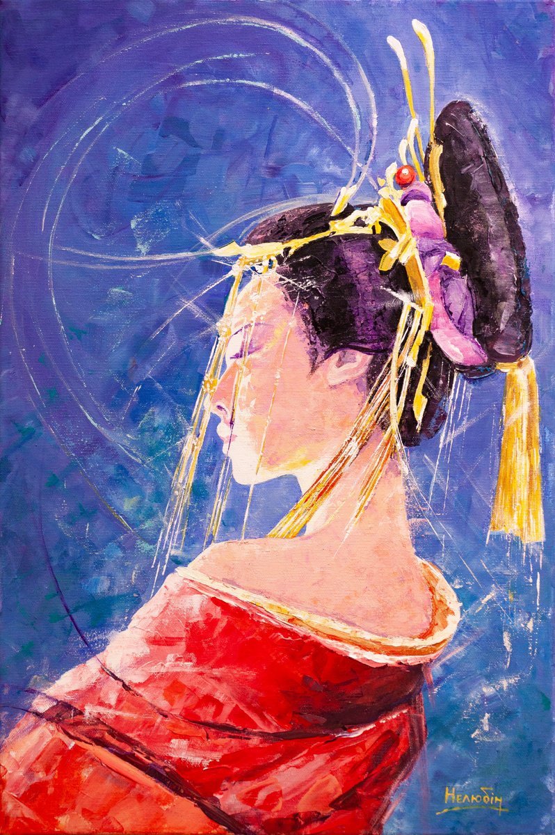 Impressionistic Portrait Acrylic Painting By Aleksandr Neliubin, 16 X 24, Woman In Red, Original Artwork