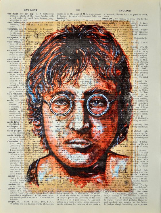 John Lennon - Collage Art on Large Real English Dictionary Vintage Book Page