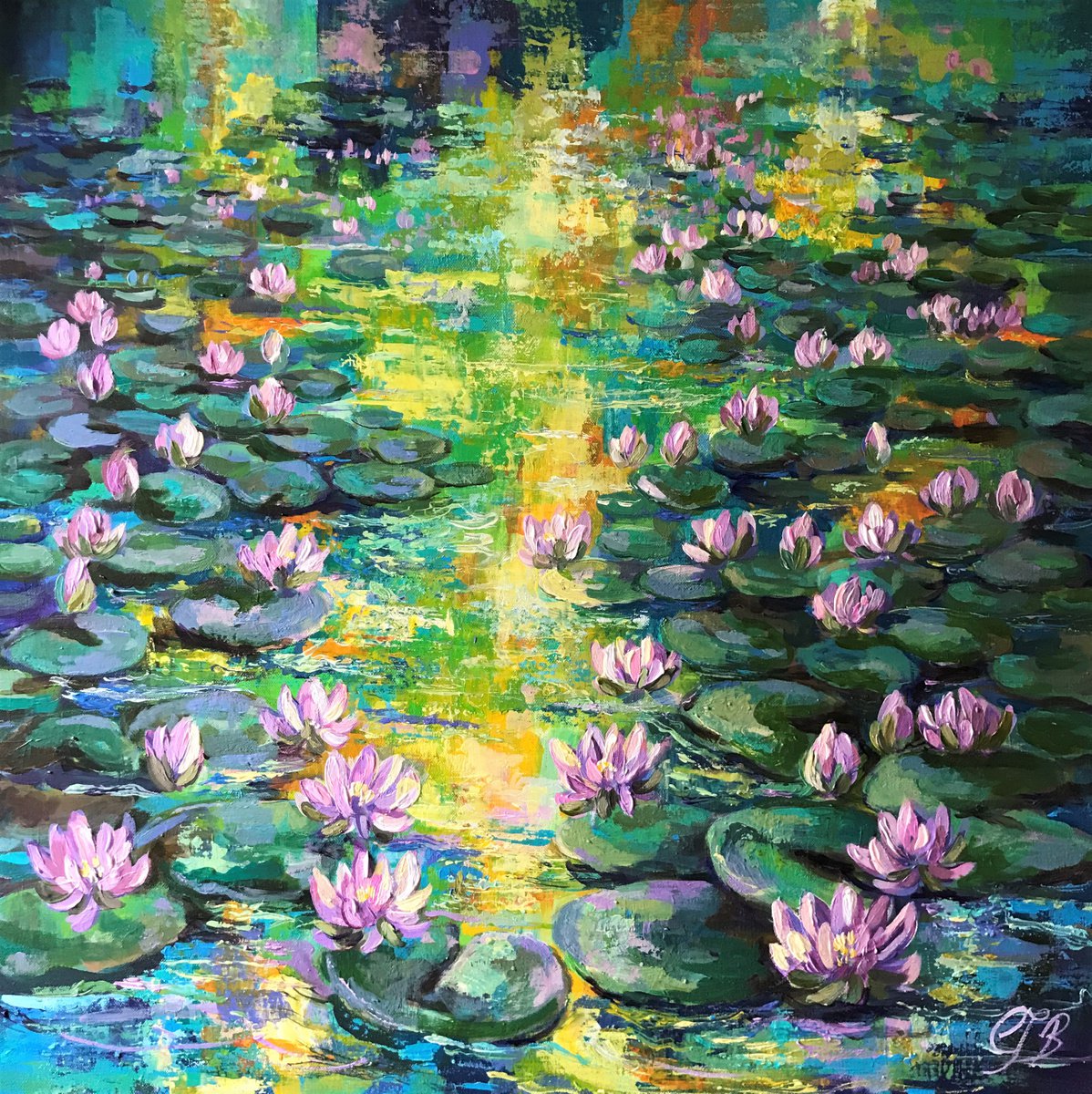 Impressionistic Landscape Acrylic Painting By Colette Baumback, 28 X 28, Sunset On Lilly Pond, Original Artwork