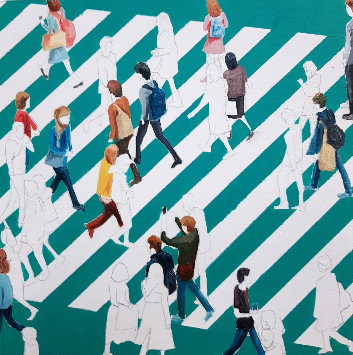 Urban And Pop Cityscapes Oil Painting By Martta Garcia, 8 X 8", Culture Of "Like" I, Original Artwork