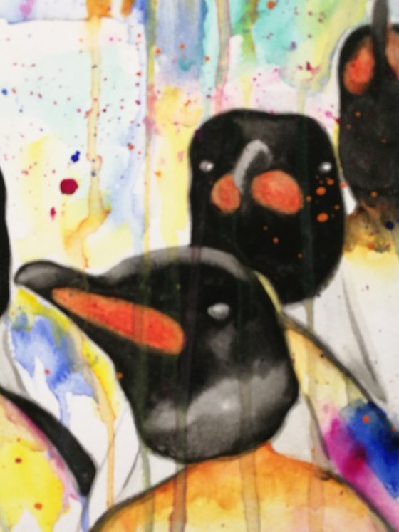 Line of Penguins. Watercolour on paper. Colourful Affordable Art. Free Worldwide Shipping