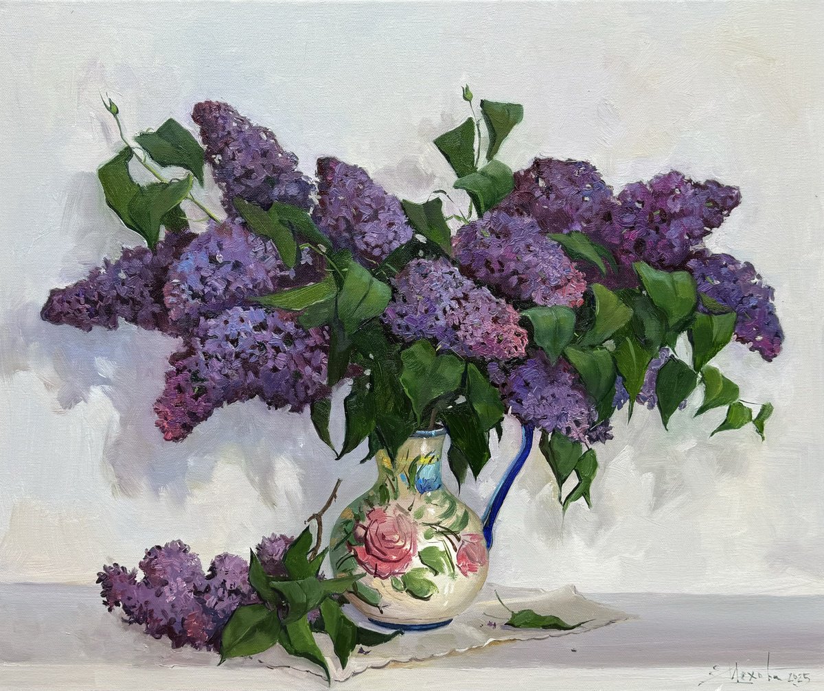 Impressionistic Still Life Oil Painting By Evgeniia Mekhova, 24 X 20, Still Life With Lilacs, Original Artwork