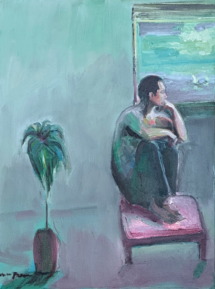 Expressive Abstract Oil Painting By Arun Prem, 12 X 16, Alone, Original Artwork